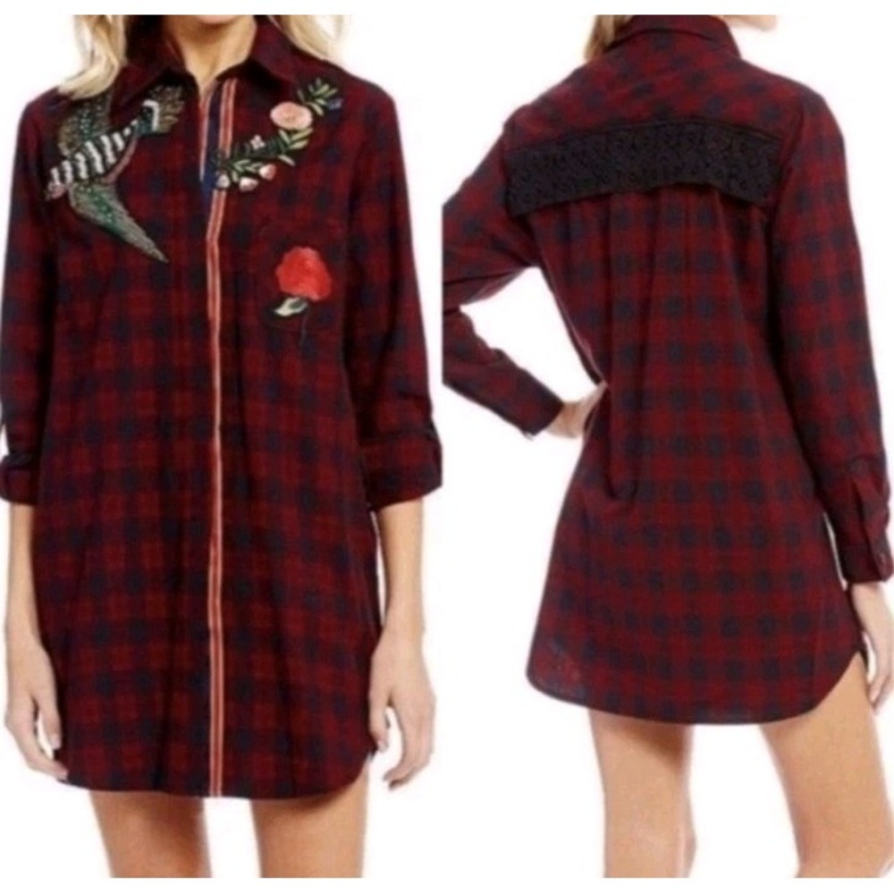 Sam Edelman Shirt Tunic Red Plaid Patch Embroidered Button Up Womans Sz S Top